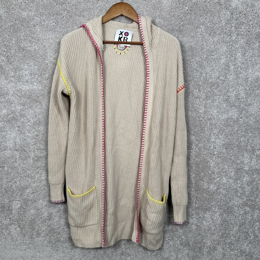 XOKR Kerri Rosenthal Tan Hooded Cardigan Sweater With Colored Stitching XS